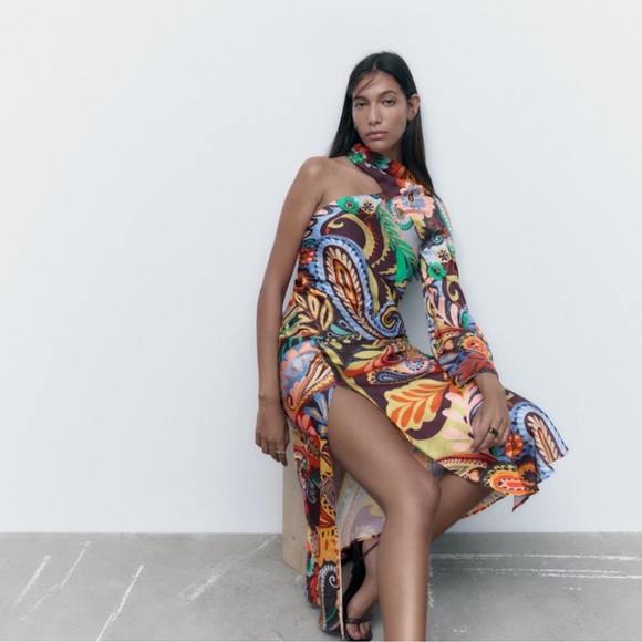Zara Multicolor Paisley One-Shoulder Asymmetrical Dress - Picture 1 of 3